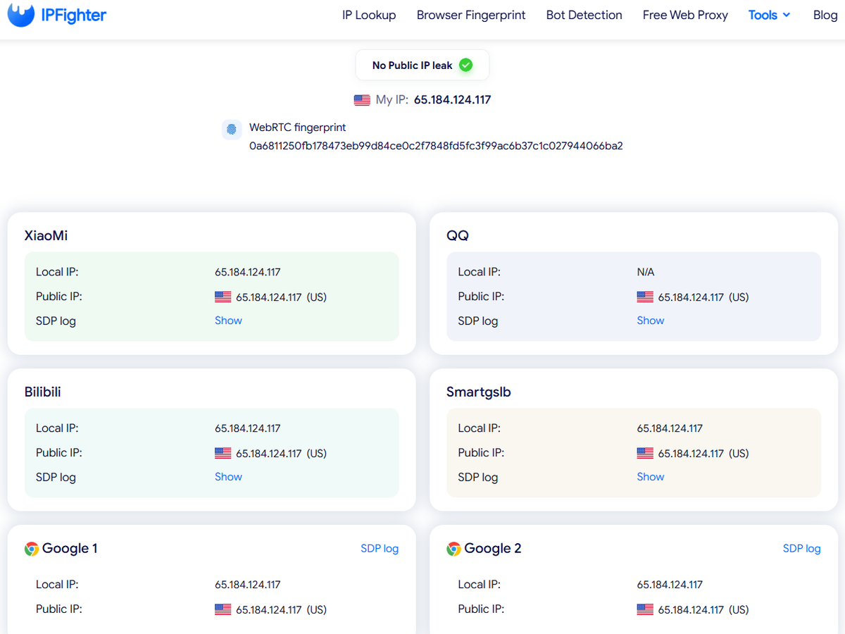 Hidemyacc review - webrtc leak test