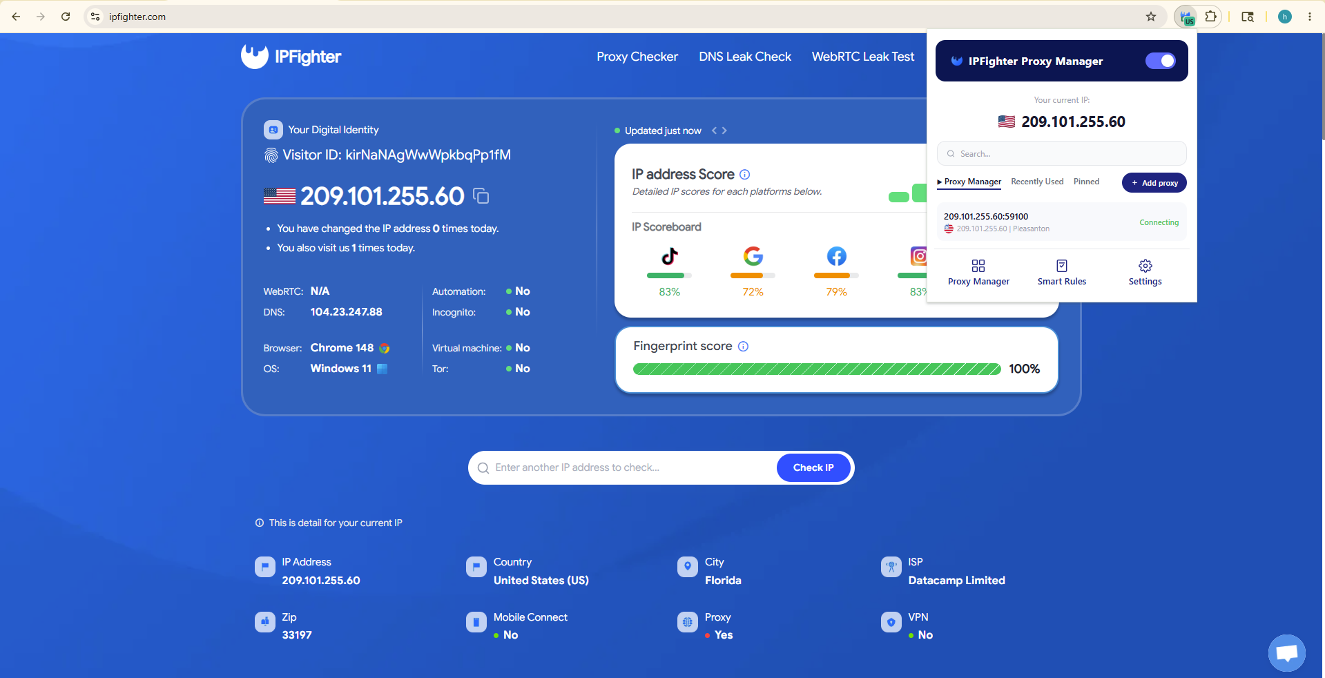 ipfighter proxy manager extension - ip check on ipfighter