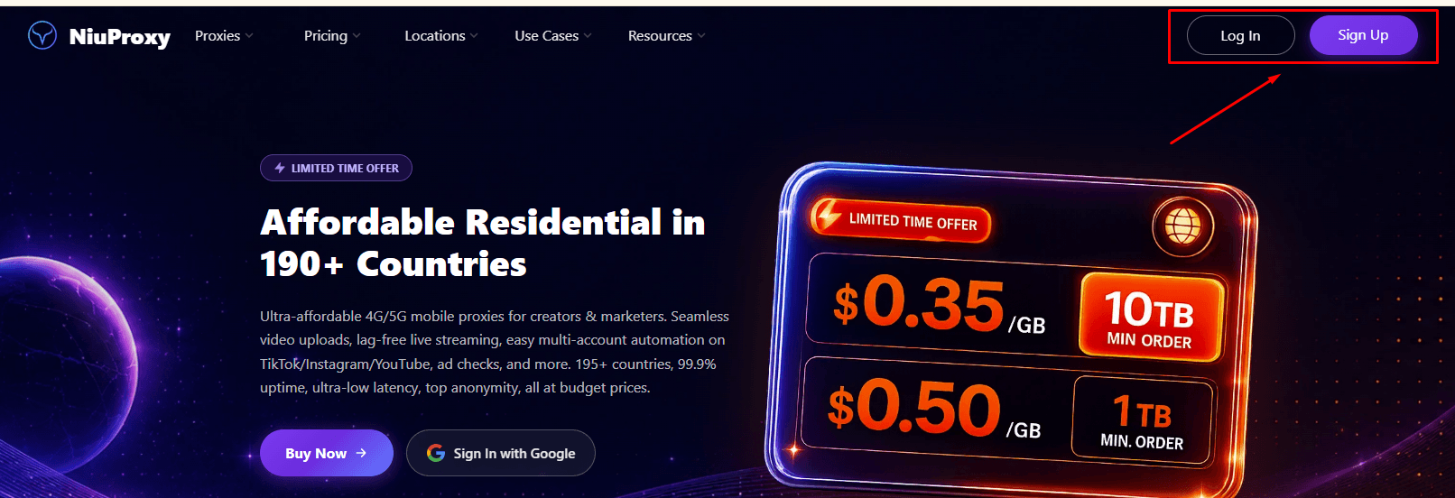 NiuProxy review - Create or log in to your account