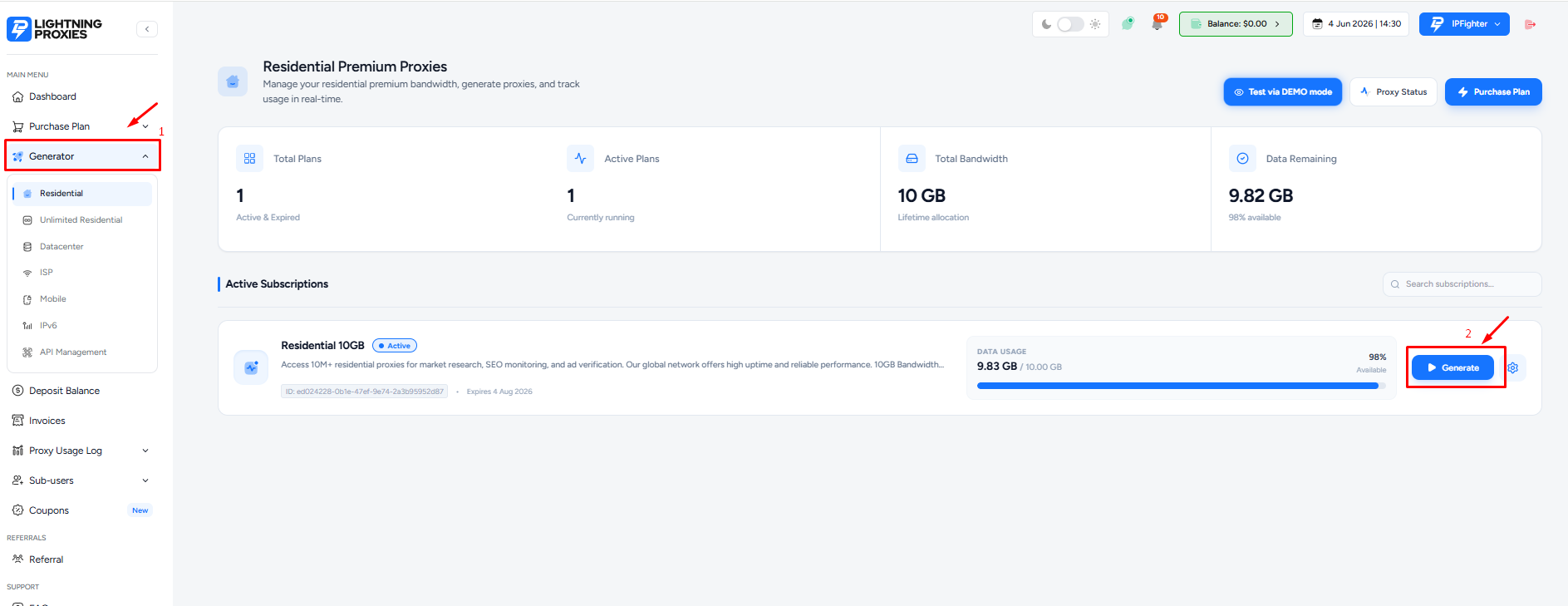LightningProxies review - Click "Generate" to start setting up your proxy