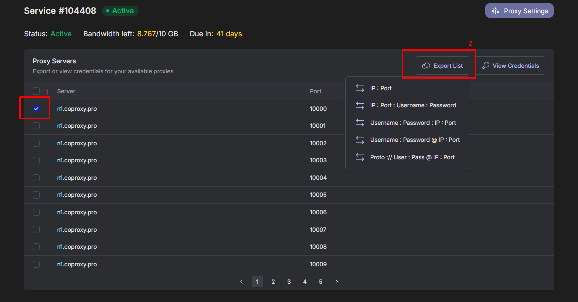 coproxy review - Select format and export the proxy list