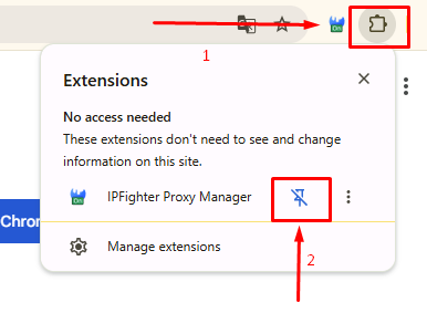 ipfighter proxy manager extension - pin the extension for quick access