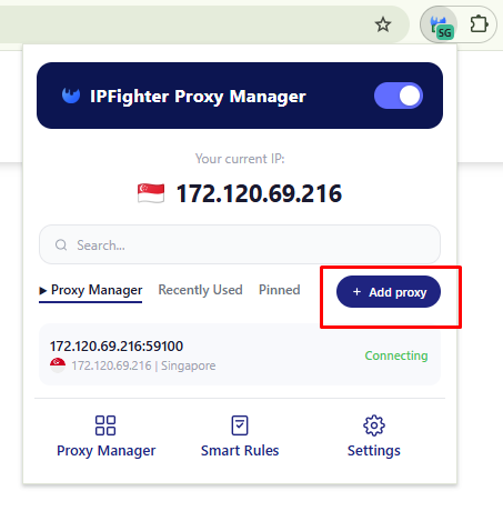 ipfighter proxy manager extension - open the extension and select add proxy