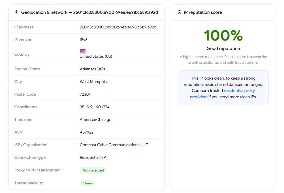 proxycove review - ip lookup results