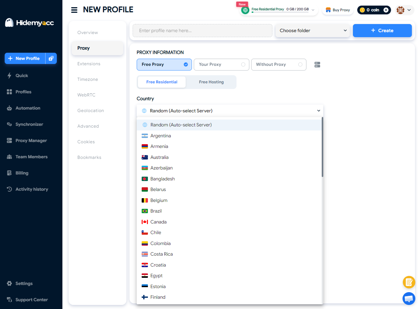 Hidemyacc review - choosing country