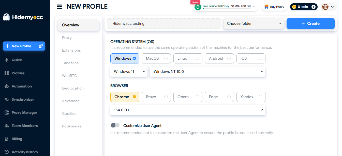 Hidemyacc review - configuring os and browser