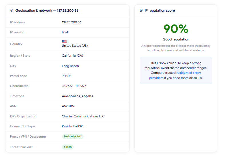 ipfoxy review - IP Lookup results on IPFighter