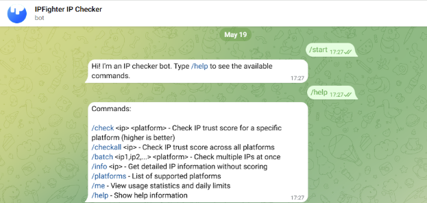 IPFighter IP checker bot - Type "/help" to view the list of available commands
