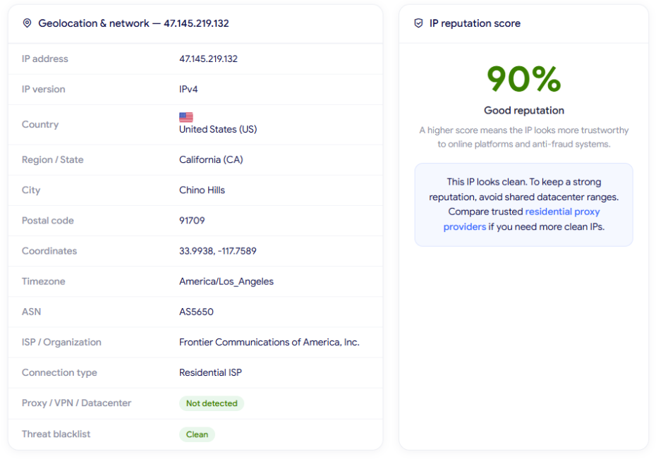 nodemaven review - ip lookup results on ipfighter