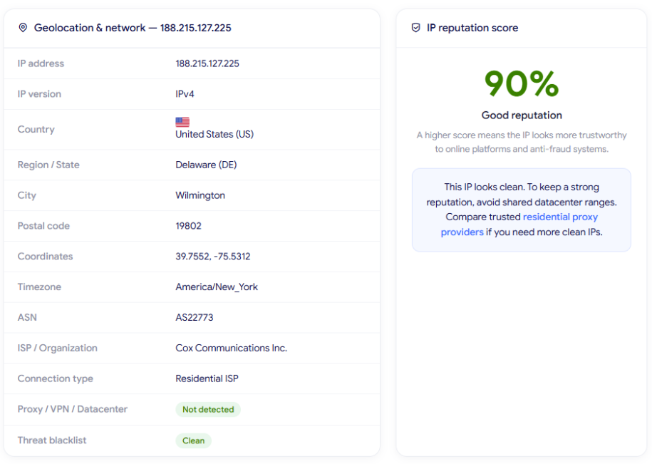 nodemaven review - ip lookup results on ipfighter