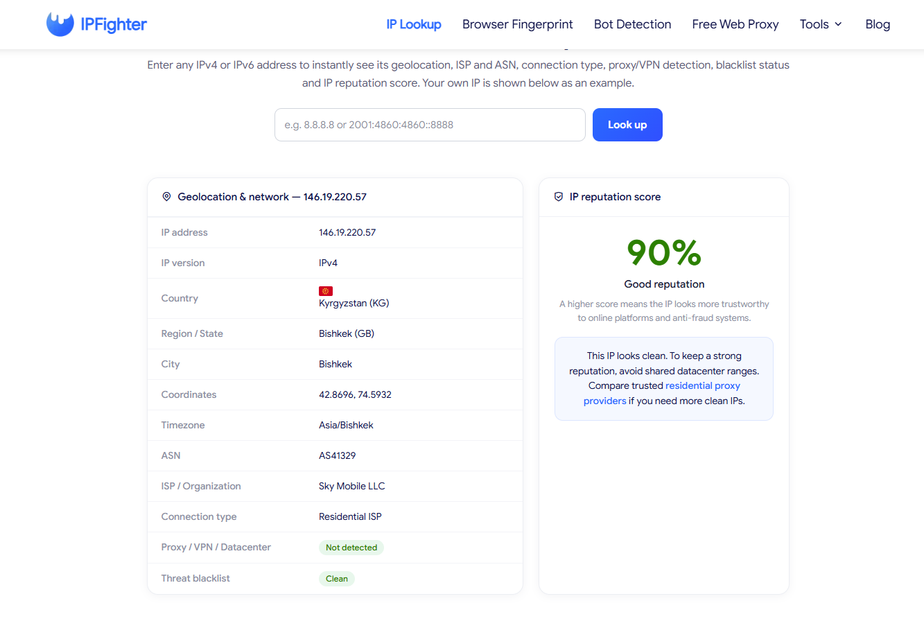 mobileproxyspace review - ip lookup results