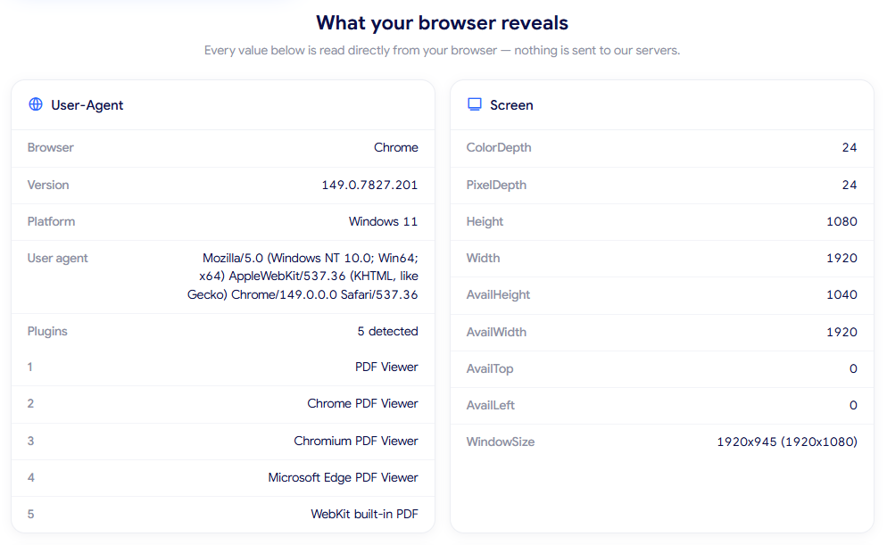 how to check browser fingerprint - user agent and screen details result