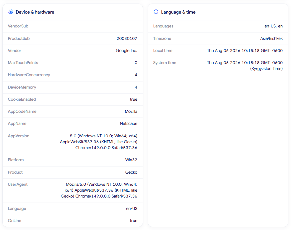 how to check browser fingerprint - Device, hardware, and timezone details result