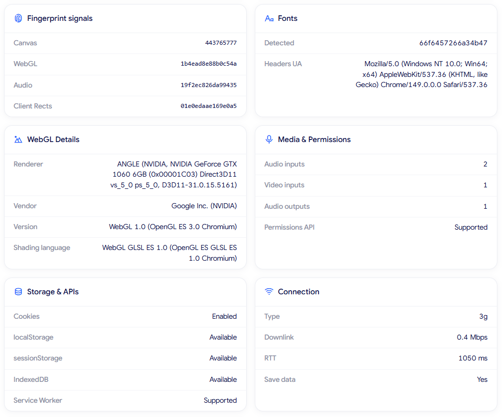 how to check browser fingerprint - Fingerprint signals, WebGL, and storage details result