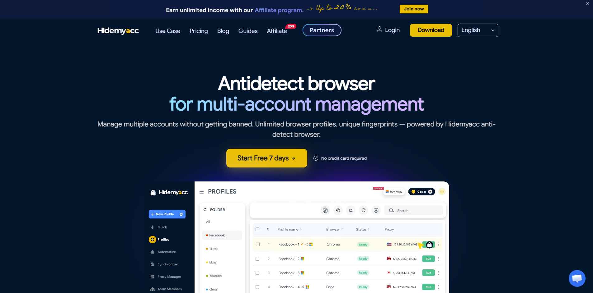 free antidetect browsers - Hidemyacc homepage