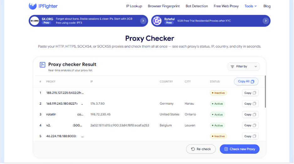 web scraping proxy - check proxy using ipfighter
