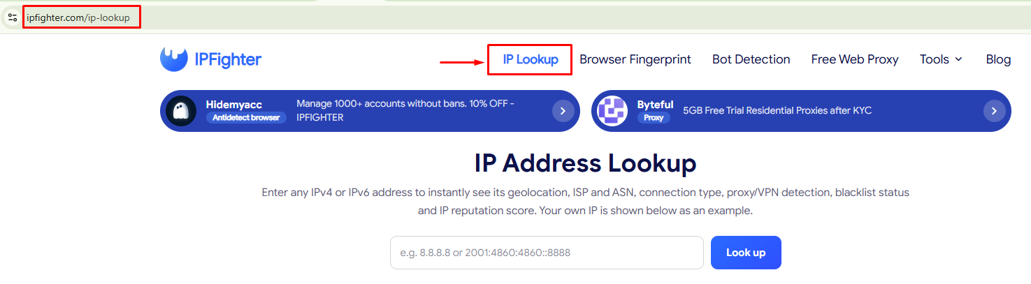 ip reputation check - visit the ip lookup page