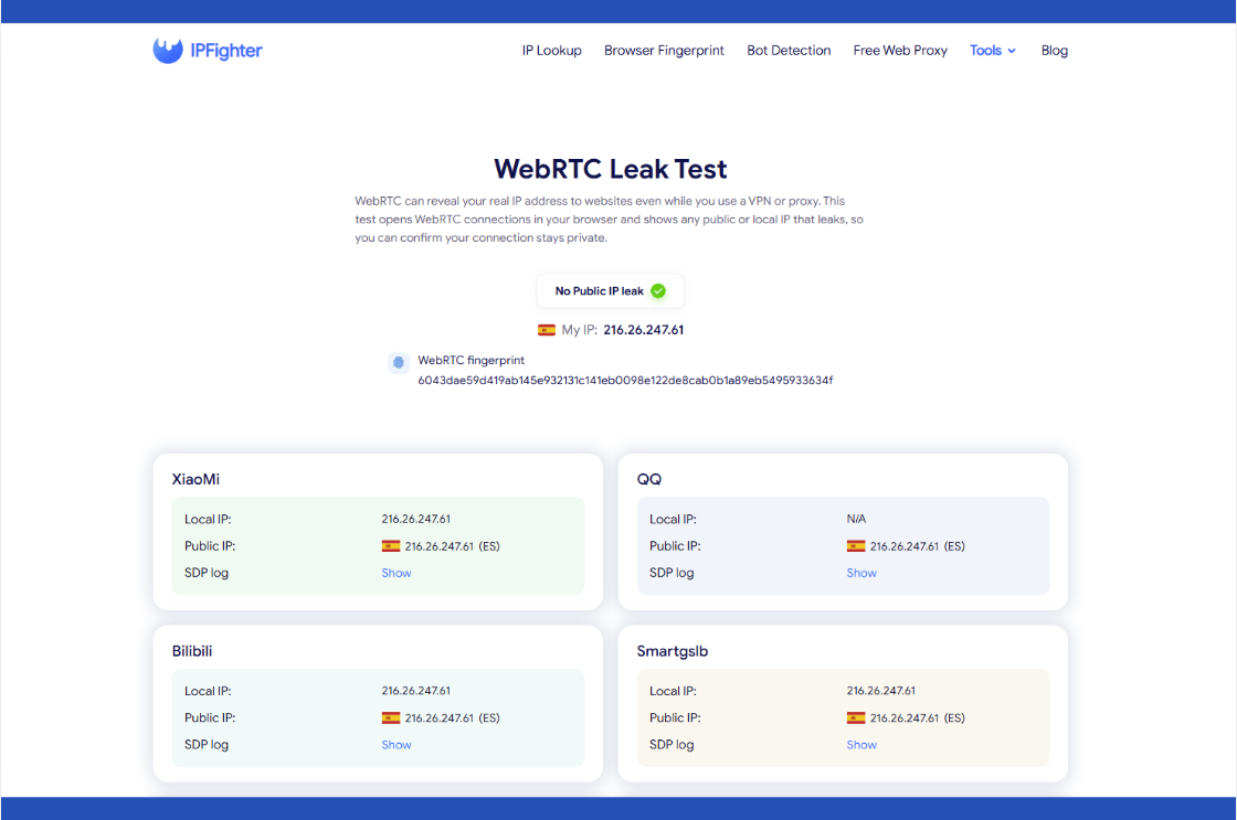 how to know if you have a webrtc leak - result example