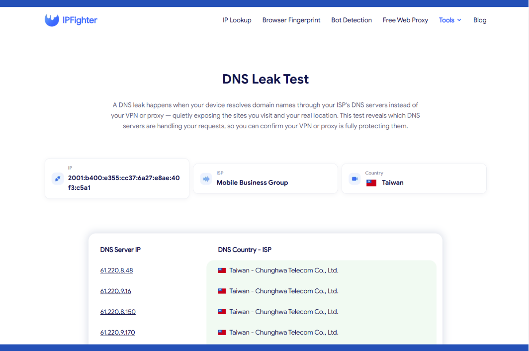 how to know if you have a dns leak - dns leak test tool on ipfighter
