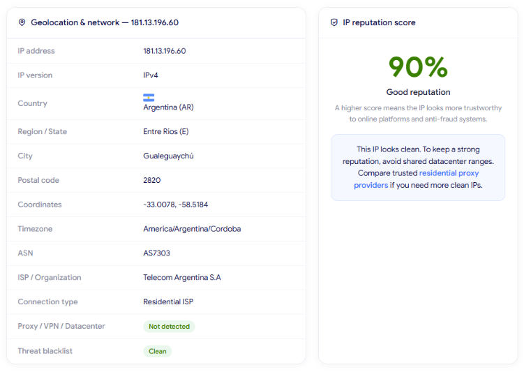 proxyempire review - ip lookup results