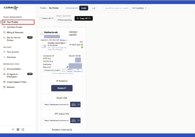 coronium review - get your proxies credentials