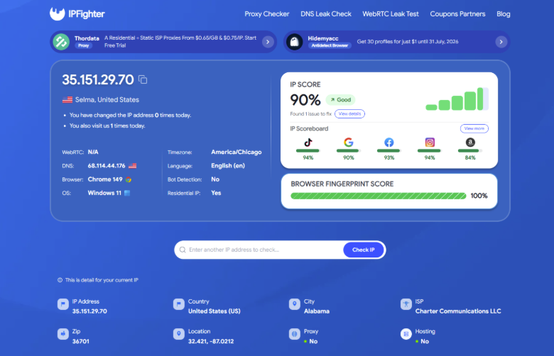 novproxy review - check IP on IPFighter
