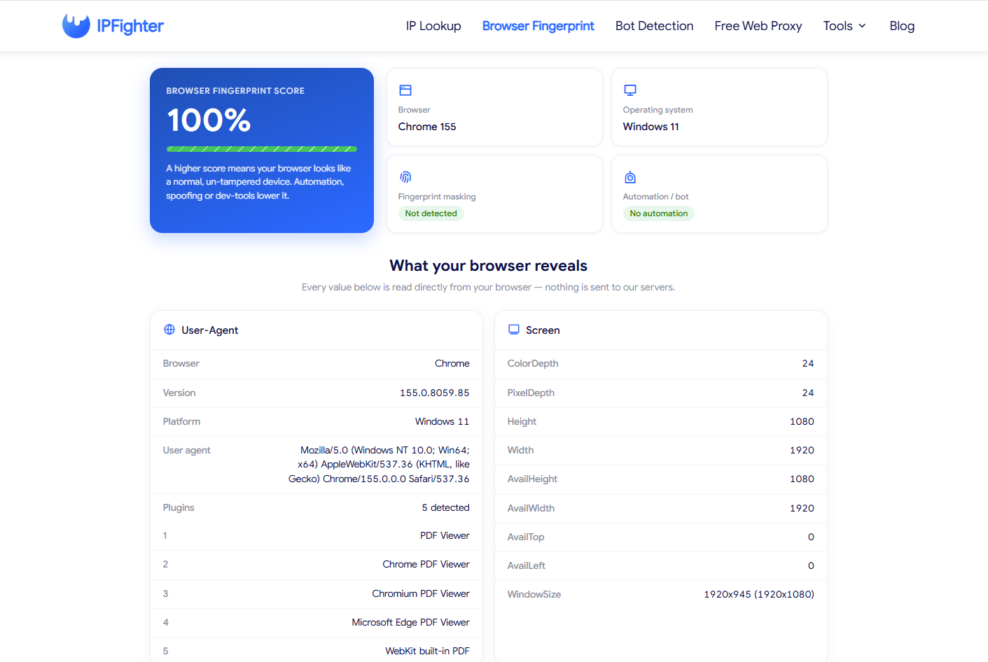 vision browser review - browser fingerprint test score
