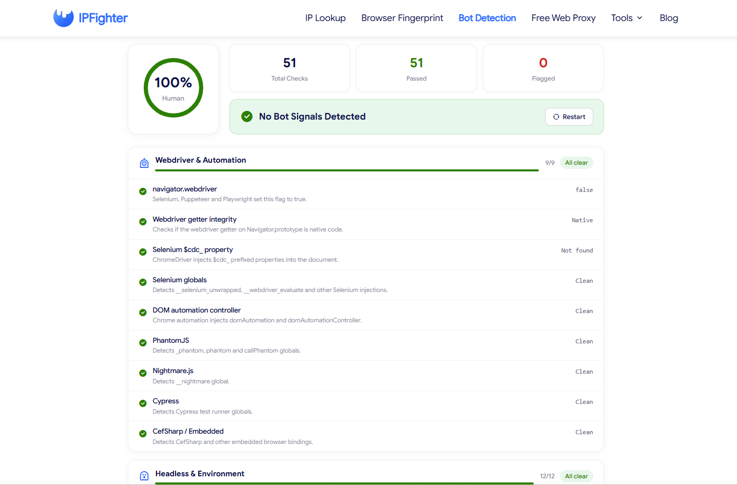 vision browser review - bot detection results